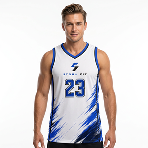 Maillot de basket sublimé Storm Fit pour homme, col en V, sans manches, anti-humidité, 100 % polyester, tenue d'équipe, numéro 23, blanc et bleu - Product Image 1