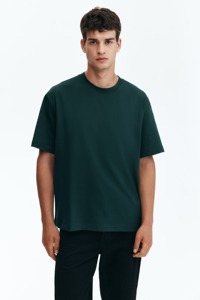 T-shirt en coton vert foncé pour homme, coupe classique, col rond, manches courtes, décontracté, en jersey tricoté, couleur unie, design vierge, vente en gros - Product Image 4