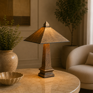 Lámpara de Mesa Metálica Pyramid Summit con Pantalla Geométrica, Construcción de Hierro Premium, Iluminación Ambiental Cálida para Interiores Atemporales - Product Image 1
