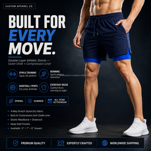 Custom Embroidered Logo <b>Layered</b> Workout Shorts Soft Microfiber Blend Spandex Inner Liner Back Zipper Pocket OEM Sports New - Product Image 6