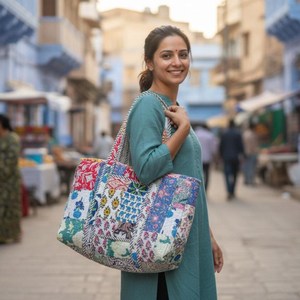 Multi Coloured Quilted <b>Patchwork</b> Travel Duffle <b>Bag</b> Premium Luxury <b>Bags</b> Made in India Product From Indian Manufacturer - Product Image 6