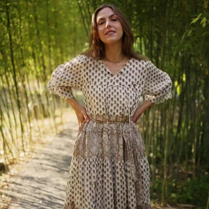 Vestido Maxi de Algodón Estampado con Mangas Tres Cuartos, Cuello Redondo, Silueta Holgada, para Mujer, Ropa de Fiesta de Verano, con Bolsillo Bordado - Product Image 1