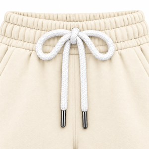 Shorts en molleton de coton beige uni pour femme, taille mi-haute, avec cordon de serrage et poches, décontractés, tricotés, coupe régulière, respirants - Product Image 5