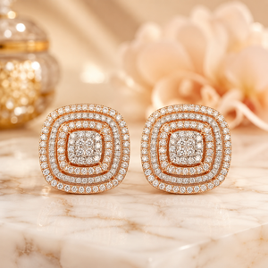 Luxury 14K Rose Gold Cushion <b>Square</b> <b>Diamond</b> Cluster Stud <b>Earrings</b> with Multi Halo Design for Bridal Wedding Fine Jewelry - Product Image 1