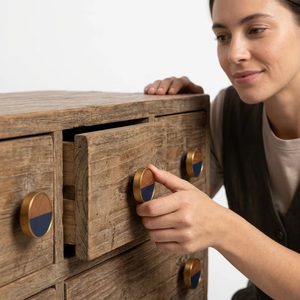 Modern Round Brass Cabinet Knob with Wood and Blue Resin Inlay for Drawer <b>Door</b> Handle Eco-Friendly Living Room Furniture Handle - Product Image 2