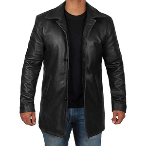 Manteau long en cuir véritable pour homme, col à revers, simple boutonnage, coupe classique, vêtement d'extérieur - Product Image 3