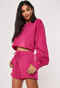 Women's 2 Piece Pink Cropped <b>Sweater</b> <b>Set</b> Casual Loose Fit Solid Color Knitted Shorts Outfit Spring Summer Wear - Product Image 3