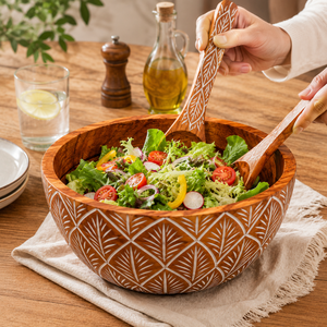 Ensemble de saladiers en bois faits à la main avec cuillères de service |   Grand bol rond à motif de feuilles sculptées pour fruits, légumes, pâtes, collations - Product Image 2