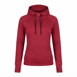Sweat-shirt à capuche pour femme, couleur unie, polyester/coton, tricoté, manches longues, poches zippées, respirant, hiver, logo frontal - Product Image 3