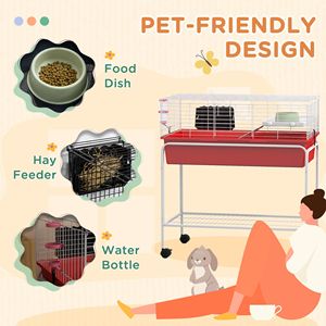 Gabbia Rossa a Due Piani per Piccoli Animali 84 cm x 47 cm x 89 cm con Supporto Rimovibile, Ripiano e Ruote - Habitat per Animali Domestici - Product Image 6