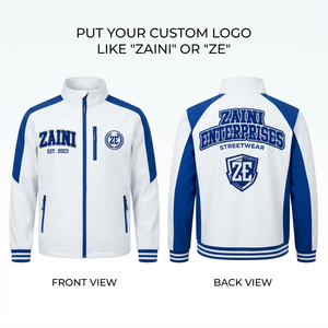 เสื้อแจ็คเก็ตซอฟต์เชลล์พรีเมียม 300 GSM สีขาว-น้ำเงิน ตัดต่อสีตัดกัน พร้อมปักโลโก้แบบแอพพลิเคตามสั่ง กันลม - Product Image 1