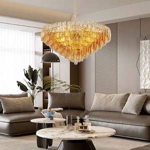 Extra Large 37\" Modern Gold 14-<b>Light</b> <b>Chandelier</b> for Living Room Tiered Brass & Smoke Blown Glass Pendant <b>Lights</b> - Product Image 2