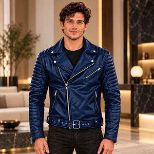 Chaqueta de Cuero Genuino Azul Marino para Hombre, Estilo Motociclista, Mangas Acolchadas, Cuello Solapa, Cintura con Cinturón, Bolsillos con Cremallera, Ropa Exterior para Uso Diario - Product Image 3