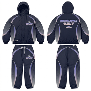 Chaqueta Cortavientos con Capucha de Poliéster Taslon Premium de 145 GSM, Color Azul Marino y Gris, Panel en Contraste, Diseño Personalizado por Sublimación - Product Image 1