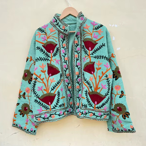Handmade 100% Cotton Velvet Suzani Kimono Jacket | Autumn <b>Winter</b> <b>Quilted</b> Breathable Eco-Friendly Boho Design Embroidery Covered - Product Image 1