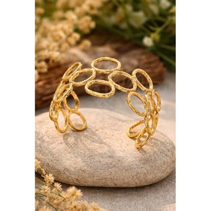 <b>Gold</b> Plated Brass Textured Oval Open Cuff Bangle for Women Trendy <b>Adjustable</b> Statement Fashion Jewelry - Product Image 2
