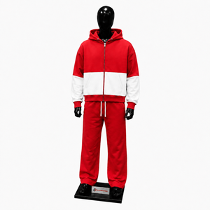 Red <b>White</b> Color Block Tracksuit <b>Men</b> Full Zip Hoodie With Matching <b>Jogger</b> Pants Premium Two Piece Athletic Set Modern Streetwear - Product Image 1