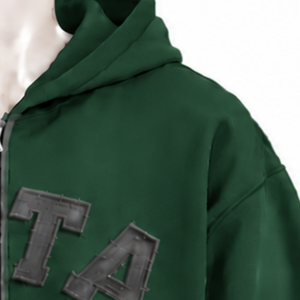 Dark Green Mens Zip Up Hoodie Chenille <b>Letter</b> <b>Applique</b> Heavyweight Fleece Relaxed Fit Casual Streetwear Sweatshirt with Pockets - Product Image 6
