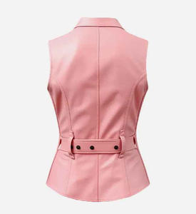 Women Pink Genuine Leather Stand Collar V Neck Zipper Closure Lightweight Casual Outerwear Sleeveless Solid Color Waistcoat - Product Image 2