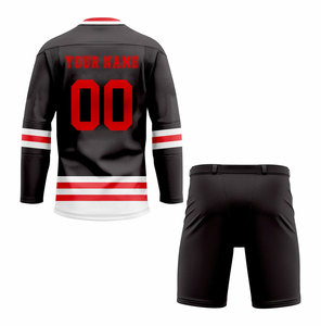 Ensemble Maillot et Pantalon de Hockey sur Glace Personnalisé pour Homme – Rayures Blanches, Jaunes et Bleues – Sublimé, Respirant, Manches Longues, Col en V – Équipe 9 - Product Image 4