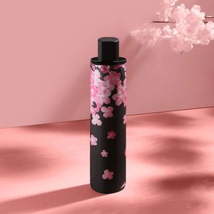 Paraguas de Viaje con Diseño de Flores de Cerezo Oriental, Protección UV, Control Manual y Automático, Plegable en Tres Secciones, Material Pongee, para Mujer - Product Image 1