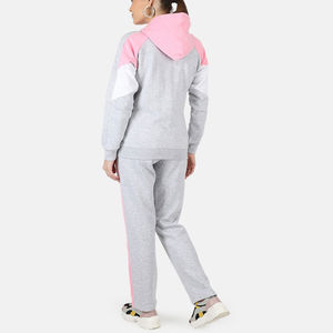 Survêtement pour femme à blocs de couleur, à capuche, avec fermeture éclair, manches longues, décontracté, printemps, gris rose, polyester coton, coupe régulière, poches latérales - Product Image 3