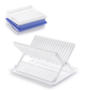 Scolapiatti pieghevole con vassoio per asciugare e riporre i piatti nel lavello della cucina, set bianco e blu - Product Image 1