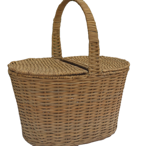 Cesta ovalada de ratán tejida a mano con soporte de hierro – Almacenamiento multiusos para el hogar y pícnic - Product Image 3