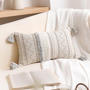 BlissBlush 12x20 Gray Boho Decorative Lumbar Pillow Cover Neutral White Farmhouse Accent Seat <b>Cushion</b> <b>Rectangular</b> Boho Style - Product Image 1