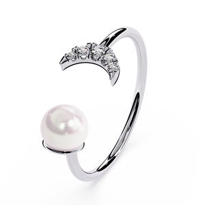 <b>Moon</b> Shape Pearl <b>Ring</b> Emerald Cut Lab Grown Diamond Pave Setting 10K Gold IGI Certified Bohemian Style Unisex Daily Wear <b>Ring</b> - Product Image 2