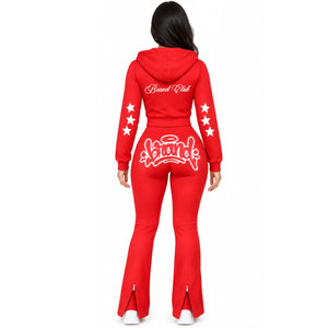 Nouveautés : Survêtement rouge à capuche pour femme, fermeture éclair intégrale, style streetwear décontracté avec poches latérales, impression par transfert thermique - Product Image 4