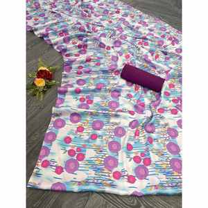 SAREE IMPRESO DE SEDA SATÉN DE JAPÓN MÁS RECOGIDA CON BLUSA SIN COSTAR BLANCO - Product Image 1