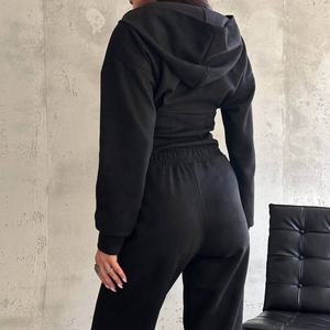 ชุดวอร์มผู้หญิงแบบสองชิ้น เสื้อฮู้ดบุขนและกางเกงขายาวทรงกว้าง ชุดลำลองสำหรับฤดูใบไม้ร่วงและฤดูหนาว ชุดวิ่งออกกำลังกายที่ให้ความอบอุ่น - Product Image 4