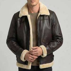 Men's Brown Canvas <b>Leather</b> Waterproof Windproof Slim Fit Zip Front Motorcycle Style Biker Coat Criss-cross Decoration Sheep Fur - Product Image 1