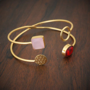 Fashion 18K Gold Plated Open <b>Bangle</b> <b>Bracelet</b> Women Geometric Cuff Jewelry Garnet Quartz and Rose Quartz Gemstone - Gift for her - Product Image 3