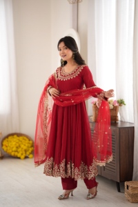 Crush Silk Sequence Embroidery Anarkali <b>Top</b> Suit Set With Stitched Micro Cotton Pant And <b>Net</b> Lace Border For Women HI 1723 - Product Image 5