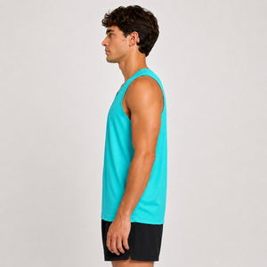 Venta al por mayor de camisetas sin mangas con cuello en V para hombre, de malla transpirable, ajuste atlético, chaleco deportivo de verano, color sólido. - Product Image 4