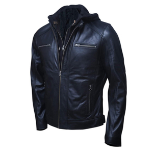 Chaqueta de Cuero PU con Capucha para Hombre, Corte Ajustado, Cierre de Cremallera, Color Sólido, Manga Larga, para Otoño - Product Image 1