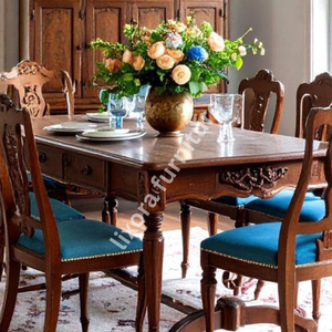 Ensemble de table à manger en bois massif artisanal de luxe pour 6 personnes, chaises sculptées ornées, finition miel premium - Product Image 4