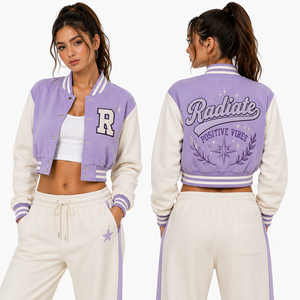 Chaqueta Universitaria Corta Personalizada para Mujer, Cuerpo de Lana, Mangas de Cuero con Apliques de Letras Grandes, Venta al Por Mayor, Marca Privada, Pedidos al Por Mayor - Product Image 6