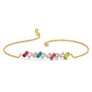 Multicolor Geometric Diamond <b>Bracelet</b> with Yellow Gold Chain and <b>Stacked</b> Linear Stone Center Design - Product Image 2