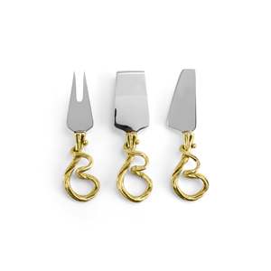 Elegante tenedor para queso y cuchillo plano con mango de metal dorado decorativo de diseño nórdico - Product Image 1