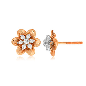 Boucles d'oreilles en or rose avec fleurs et diamants, diamants de laboratoire taille brillant rond, bijoux romantiques pour femmes à porter au quotidien - Product Image 3