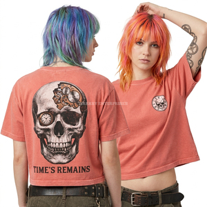 Camiseta Corta de Algodón Rosa Coral de 160GSM para Mujer, Estilo Boxy, con Estampado Gráfico de Calavera 'Time's Remains Gear', Largo Corto, Ropa Urbana, Venta al por Mayor - Product Image 1