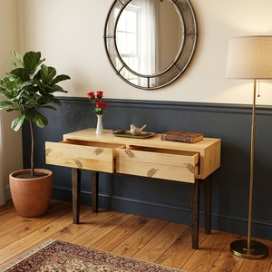 2 Drawer <b>Console</b> <b>Table</b> Leaf Motif Details Dark Tapered Legs Natural Solid Wood Entryway Sofa Side <b>Storage</b> <b>Table</b> Home Furniture - Product Image 5