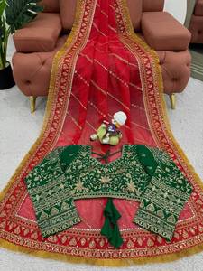 SHKK <b>Red</b> Designer Organza <b>Silk</b> Floor-Length Saree with Heavy Embroidery Sequin Zari Work Unstitched Blouse Wedding Occasion - Product Image 5