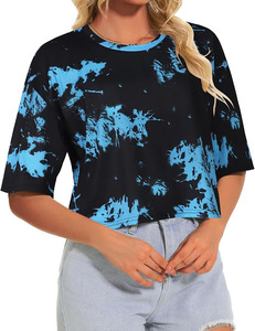 <b>Women's</b> Tie Dye Printed Formal Regular Length Tank <b>Tops</b> Crew Neck Short Sleeve Knitted Breathable 100% Cotton Solid <b>Mesh</b> - Product Image 4