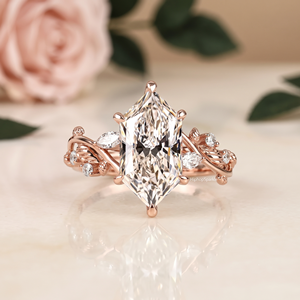 Elongated Hexagon Cut Moissanite Sterling Silver Rose Gold Plated Engagement Ring Prong Setting Floral Vine Side Accent Bridal - Product Image 1