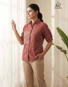 Women's Navy Blue Poplin <b>Shirt</b> With Hand Embroidery Plant Pattern Three Quarter Sleeve <b>Button</b> Down Collar Regular Fit Summer - Product Image 2