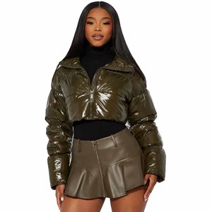 Warm Puffer <b>Jacket</b> Women Shiny Stand Collar Long <b>Sleeve</b> Solid Zipper Pocket <b>Short</b> Female <b>Jacket</b> - Product Image 1